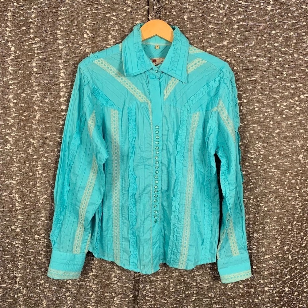 Scully Light Blue Pearl Snap Long Sleeve Western Shirt Lace Trim Women's Medium
